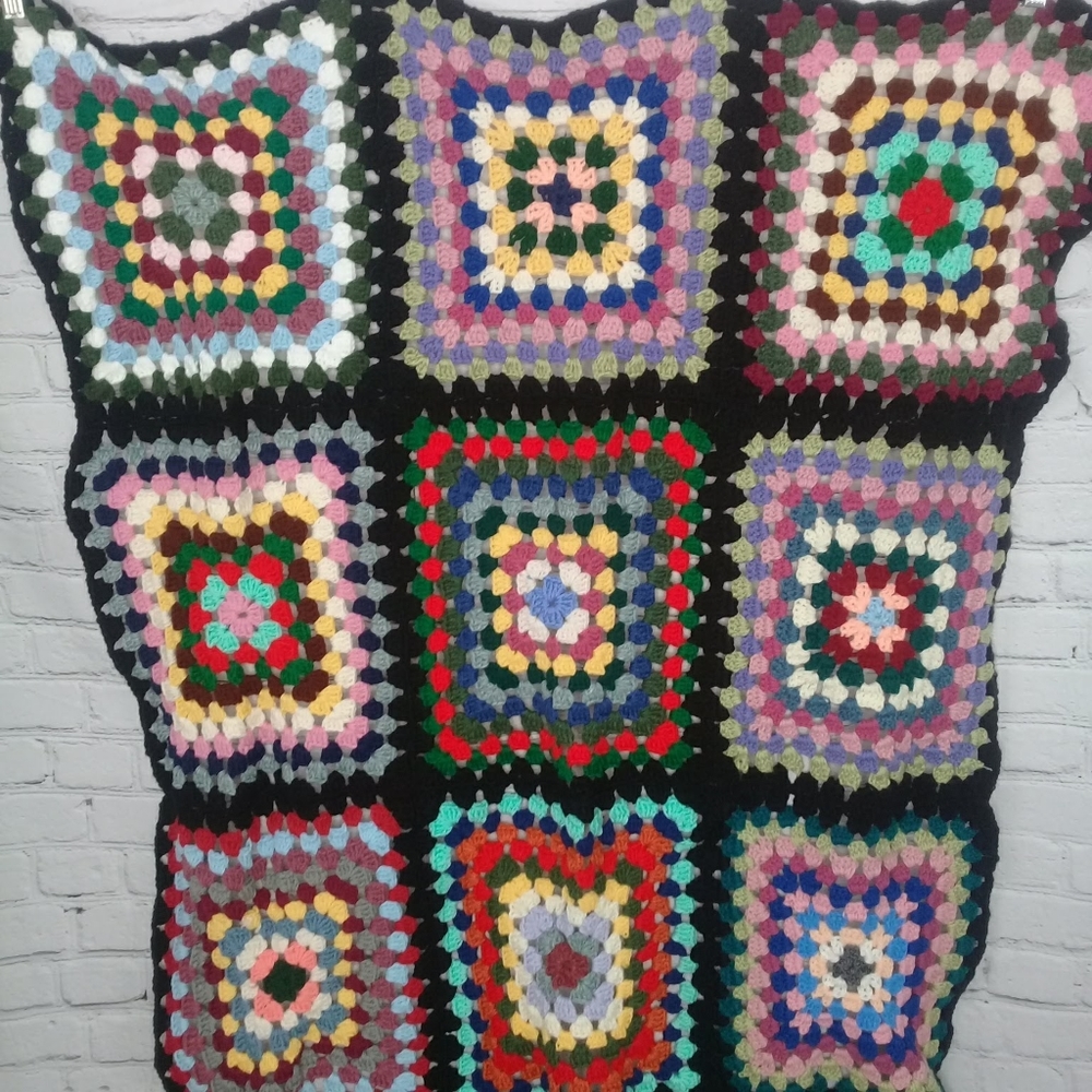 Crochet Multi Colored Granny Square Afghan Handmade Throw 60" X 45"
